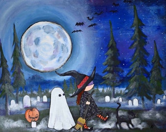 Nursery Wall Art Print Halloween Parade Nursery Whimsical Spooky Witch Ghost Pumpkin Trick or Treat Cute Childrens Room Decor