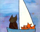 Owl in Star Sailboat Original Nursery Art Painting Woodland Childrens Decor Artwork for Kids