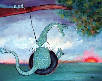 Nursery Wall Art Print Whimsical Cute Dragon on Tire Swing Childrens Room Decor