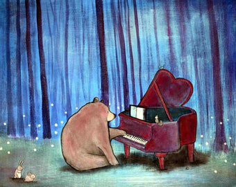 Nursery Wall Art Print Bear Playing Piano Whimsical Woodland Animals Cute Childrens Room Decor