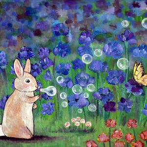 Whimsical Garden Flowers Bunny Rabbit Kids Art Print Nursery Decor Playroom Decor Storybook Style Artwork