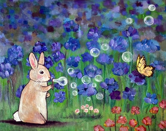 Whimsical Garden Flowers Bunny Rabbit Kids Art Print Nursery Decor Playroom Decor Storybook Style Artwork