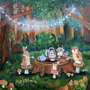 Nursery Art Print Woodland Animals Tea Party Forest Nursery Decor Children&#39;s Art Kids Wall Cute Whimsical Artwork