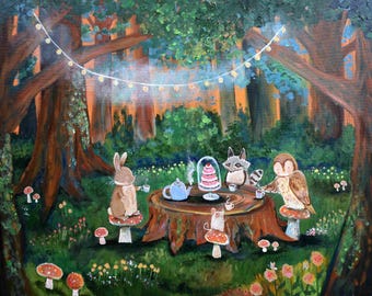 Nursery Art Print Woodland Animals Tea Party Forest Nursery Decor Children's Art Kids Wall Cute Whimsical Artwork
