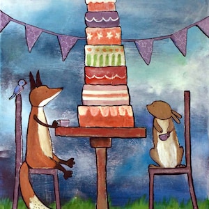 Nursery Wall Art Tea Party Whimsical Woodland Animals Cute Childrens Room Decor Fancy Cake