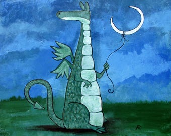 Dragon Nursery Wall Art Print Moon Fairy Tale Storybook Painting Whimsical Cute Children Room Decor Gift Kids Playroom Artwork