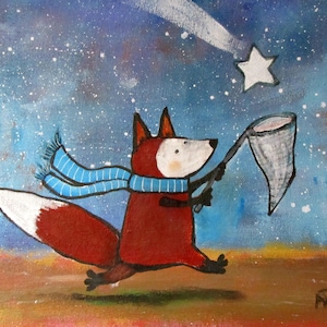 Print Fox Catching Stars Woodland Animals Kids Art Print Wall Nursery Decor Wall Art Nursery Wall Art Childrens Illustrations