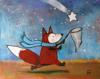 Print Fox Catching Stars Woodland Animals Kids Art Print Wall Nursery Decor Wall Art Nursery Wall Art Childrens Illustrations