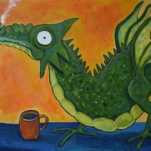 Whimsical Coffee Dragon Kids Art Print Nursery Decor Playroom Decor Storybook Style Artwork
