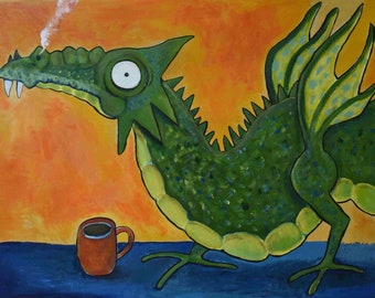 Whimsical Coffee Dragon Kids Art Print Nursery Decor Playroom Decor Storybook Style Artwork