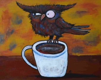 Art Print Coffee Owl Funny Kitchen Artwork