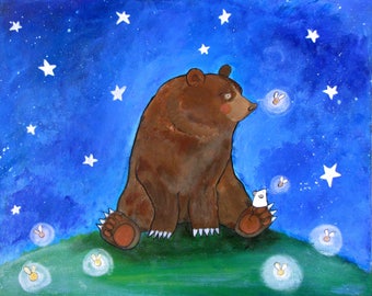 Art Print whimsical bear nursery wall art firefly little boys room Children's Room Decor woodland artwork baby shower gift idea