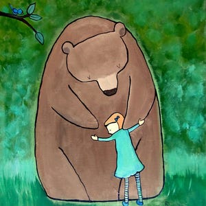 Print Bear Hugs Little Girl Kids Art Print Wall Nursery Decor Whimsical Cute Children's Decoration Baby Room Artwork Woodland