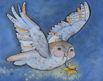 Whimsical Original Painting Snowy Owl Magical Star Storybook Wall Art Fairy Tale Artwork Acrylic 11 x 14 Canvas Artwork