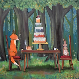 Tea Party Rabbit Cake and Fox Whimsical  Art Print Woodland Nursery Decor Children&#39;s Art Kids Magical Forest