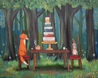 Tea Party Rabbit Cake and Fox Whimsical  Art Print Woodland Nursery Decor Children's Art Kids Magical Forest