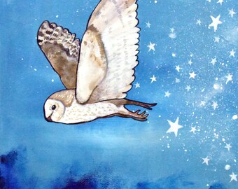 Art Print Starry Night Sky Barn Owl Storybook Wall Art Whimsical Artwork