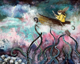 Art Print whimsical outsider weathering the storm tentacles monster sea whimsy girl boat artwork