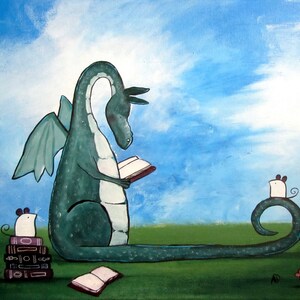 May include: A green dragon with wings sits on a grassy field reading a book. The dragon's tail curls around a small white mouse sitting on a green stem. A stack of books sits next to a small white mouse.