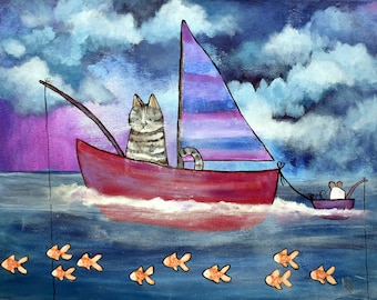 Art Print Fishing Cat Whimsical Artwork for Children Baby Room Decor Kids Wall Art Storybook Style Gift for Kids