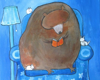 Bear Nursery Art Print Bunny Rabbit Reading Books Artwork for Children Baby Room Decor Kids Wall Art Storybook Style Gift for Kids