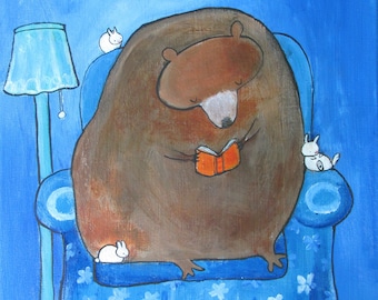 Bear Reading Book Nursery Art Print: Whimsical Storybook Children's Wall Art