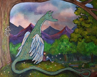 Original Fairy Tale Dragon Wall Art Whimsical Book Lover Kids Room Decor Storybook Style Artwork