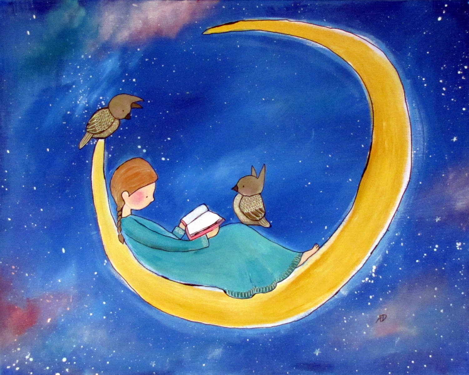 Art Print Girl in the Moon Children's Whimsical Nursery Kids Room