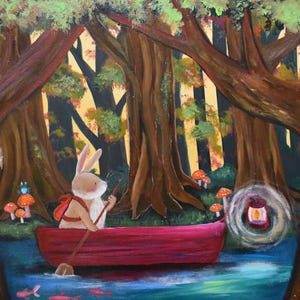 Whimsical  Art Print Woodland Nursery Decor Rabbit and Boat Adventure Children&#39;s Art Kids Magical Forest