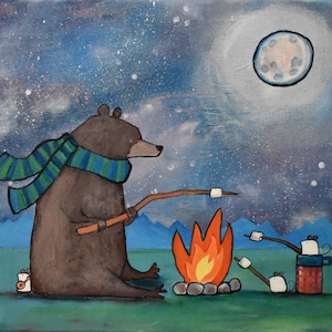 Camping Bear Kids Art Print Nursery Decor Playroom Decor Storybook Style Artwork