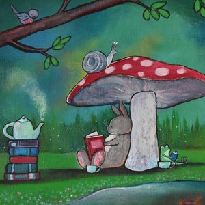 Nursery Wall Art Print Storybook Toadstool and Rabbit Book Lover Whimsical Childrens Room Decor