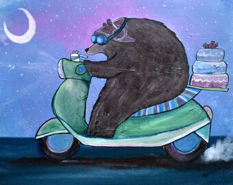 Art Print Woodland Nursery Kids Wall Bear on Scooter The Great Cake Caper