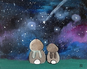 Art Print Starry Night Sky Bunny Rabbit Woodland Animals Kids Wall Nursery Decor Whimsical Storybook Artwork for Children