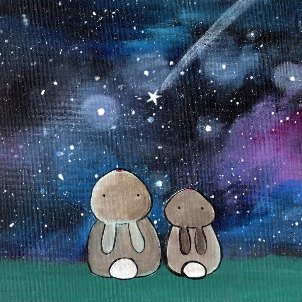 Art Print Starry Night Sky Bunny Rabbit Woodland Animals Kids Wall Nursery Decor Whimsical Storybook Artwork for Children