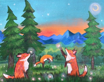 Fireflies and Foxes Whimsical  Art Print Woodland Nursery Decor Children's Art Kids Magical Forest