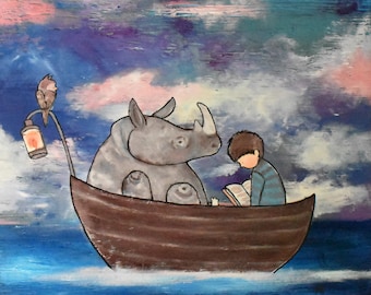 Nursery Wall Art Print Storybook Rhino Boat Owl Whimsical Childrens Room Decor