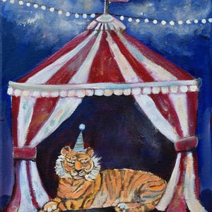 Circus Tiger Original Painting Whimsical Storybook Kids Wall Art Striped Tent Kids Room Decor