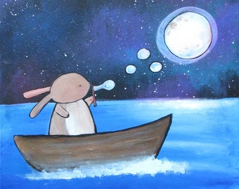 Nursery Wall Art Print Bunny Rabbit Moon Bubble Starry Night Sky Storybook Whimsical Woodland Animals Cute Childrens Room Decor