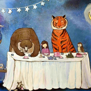 Tea Party Art Print Nursery Decor Animal Childrens Wall Art Kids Room Artwork Bear Tiger Peacock Bunny