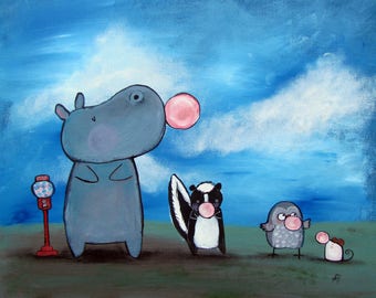 Art Print Bubble Gum Animal Hippo Skunk Owl Mouse Illustration Kids Wall Nursery Decor Whimsical Storybook Artwork for Children