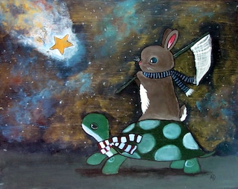 Nursery Wall Art Print Tortoise and Hare Star Catching Starry Night Sky Painting Whimsical Cute Childrens Decor Kids Playroom Artwork