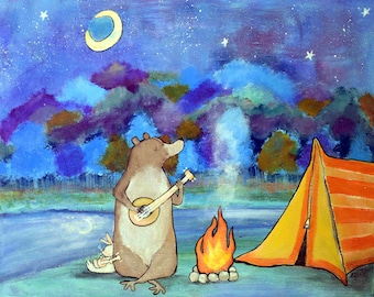 Camping Bear Striped Tent Kids Art Print Nursery Decor Playroom Decor Storybook Style Artwork
