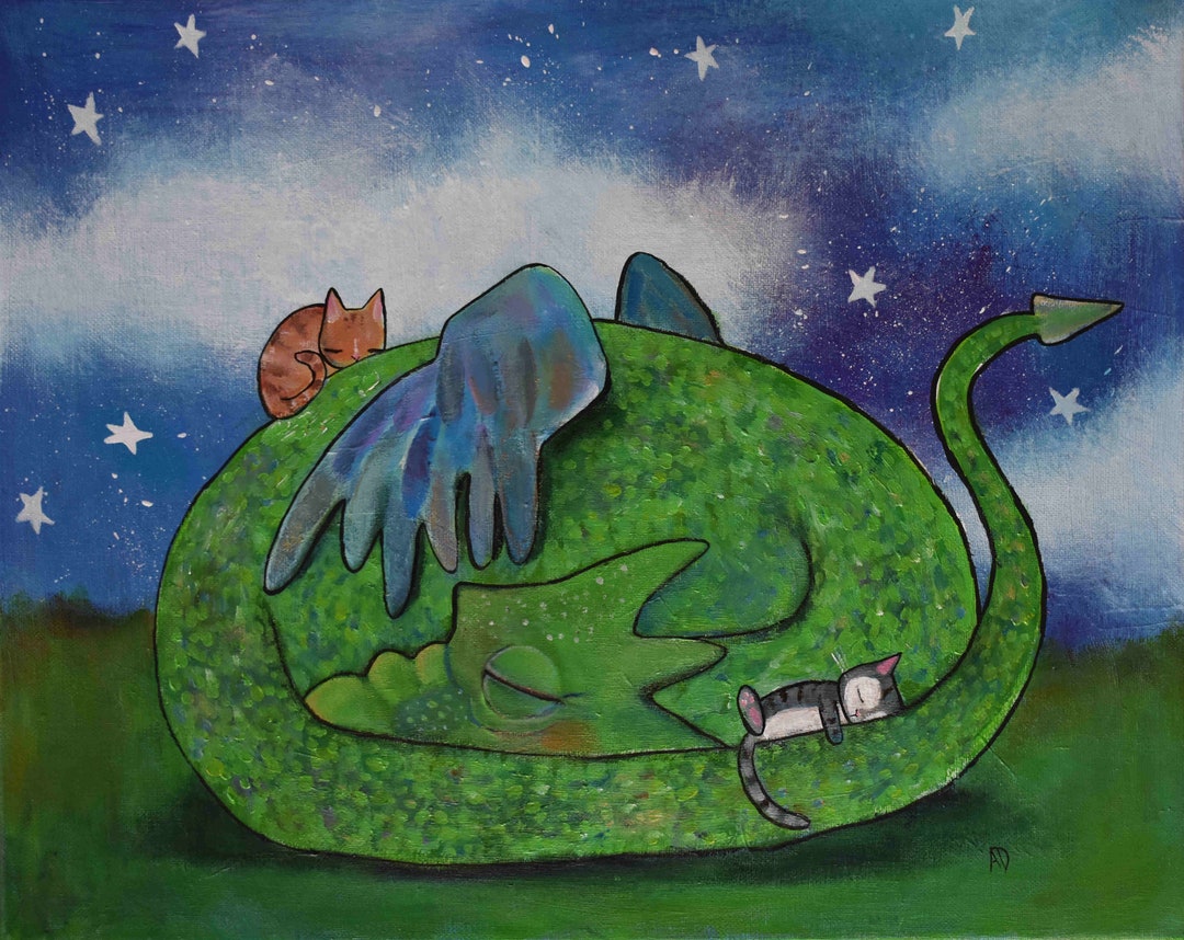 Dragon Art Print Wall Art Whimsical Cat Nursery Print Kids Room Decor ...