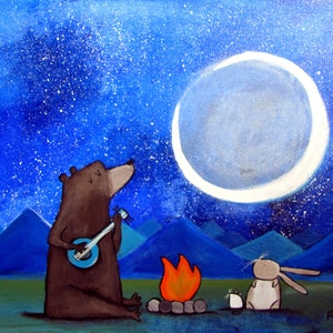 Campfire Bear Kids Art Print Camping Wall Art Nursery Decor Playroom Decor Storybook Style Artwork