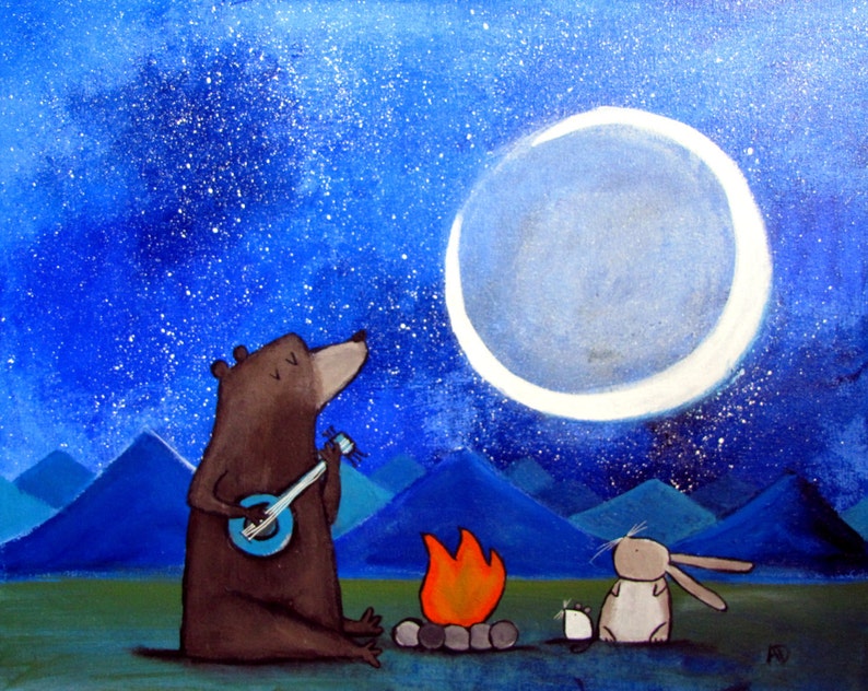 Campfire Bear Kids Art Print Camping Wall Art Nursery Decor Playroom Decor Storybook Style Artwork image 1