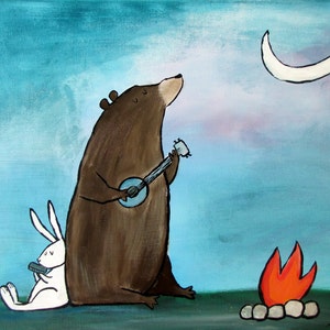 Campfire Bear Kids Art Print Nursery Decor Camping Wall Art