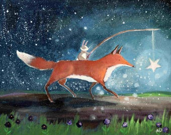 Nursery Art Print Woodland Animals Fox and Rabbit Friends Follow the Star Nursery Decor Children's Art Kids Wall Cute Whimsical Artwork