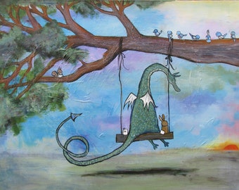 Kids Art Print Dragon Tree Swing Fairy Tale Nursery Decor Whimsical Storybook Artwork