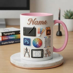 Graphic Design Mug 3D, Faux 3D Mug, Graphic Designer Coffee Cup, Custom Name Creative Gift Idea