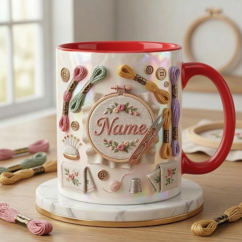 Puede incluir: Taza de cer&aacute;mica blanca con asa y borde rojos, decorada con adornos tem&aacute;ticos de bordado. El dise&ntilde;o incluye carretes de hilo, botones, un coj&iacute;n de agujas y un bastidor floral con el nombre "Name". La taza est&aacute; sobre un posavasos de m&aacute;rmol.